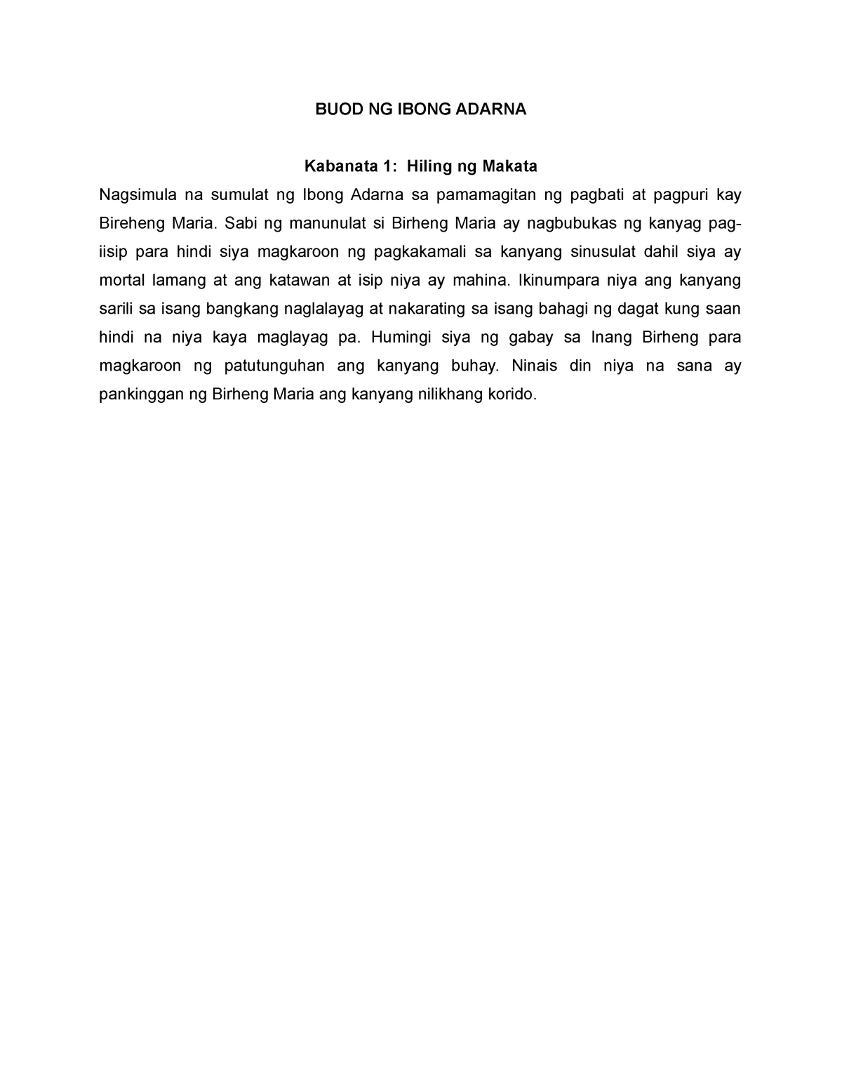 Kabanata 1 - Lecture Notes 1 - BUOD NG IBONG ADARNA Kabanata 1: Hiling ...