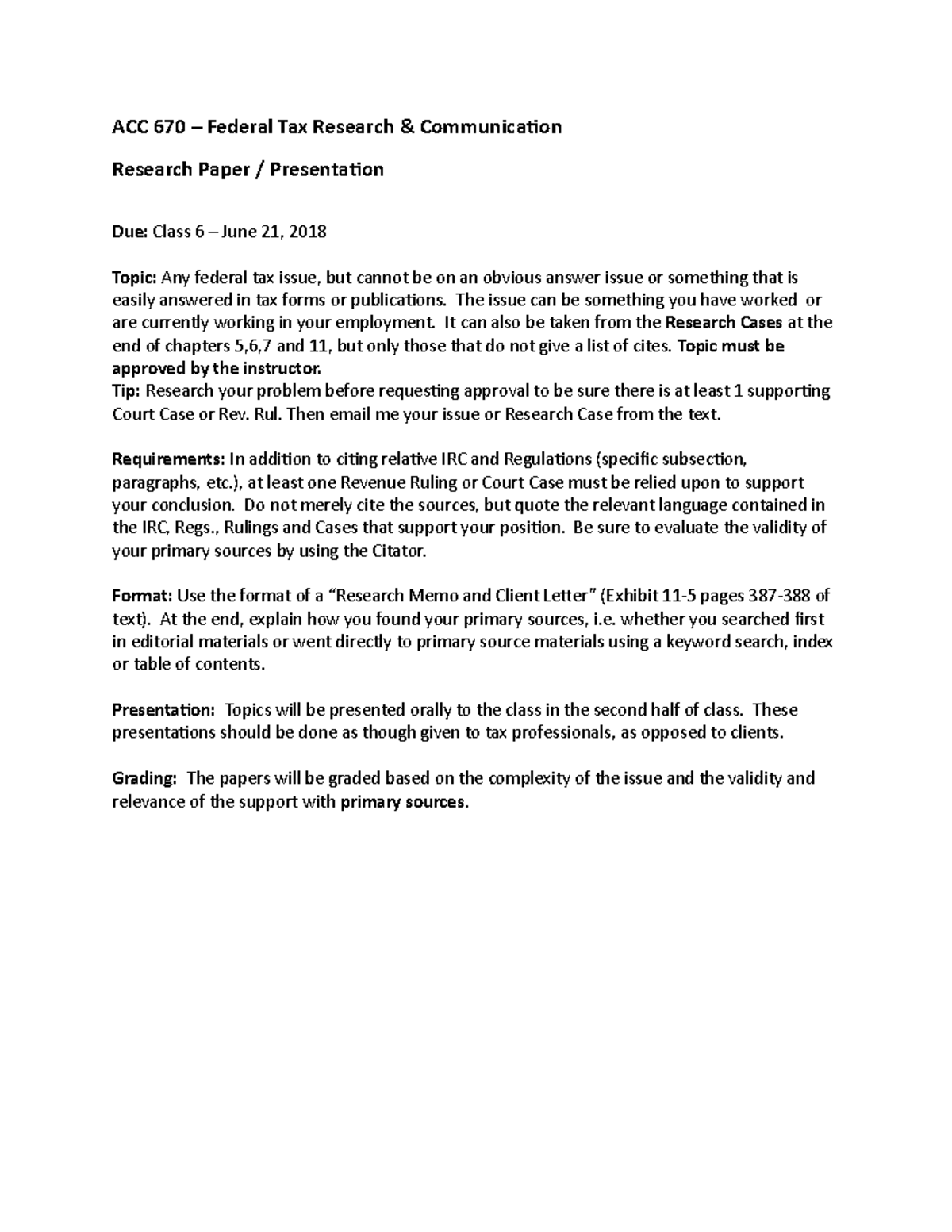 ACC 670 Research Paper Description Summer 2018 - ACC 670 – Federal Tax ...