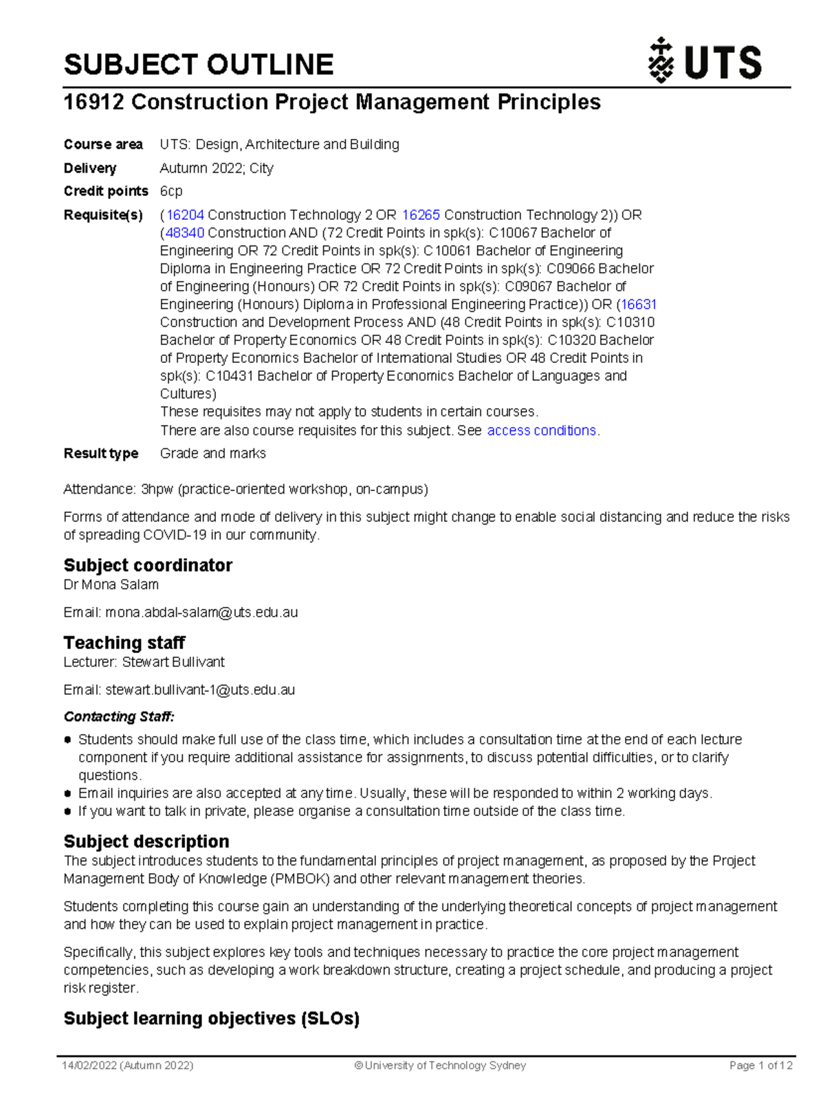 SO Construction Project Management Principles - SUBJECT OUTLINE 16912 ...