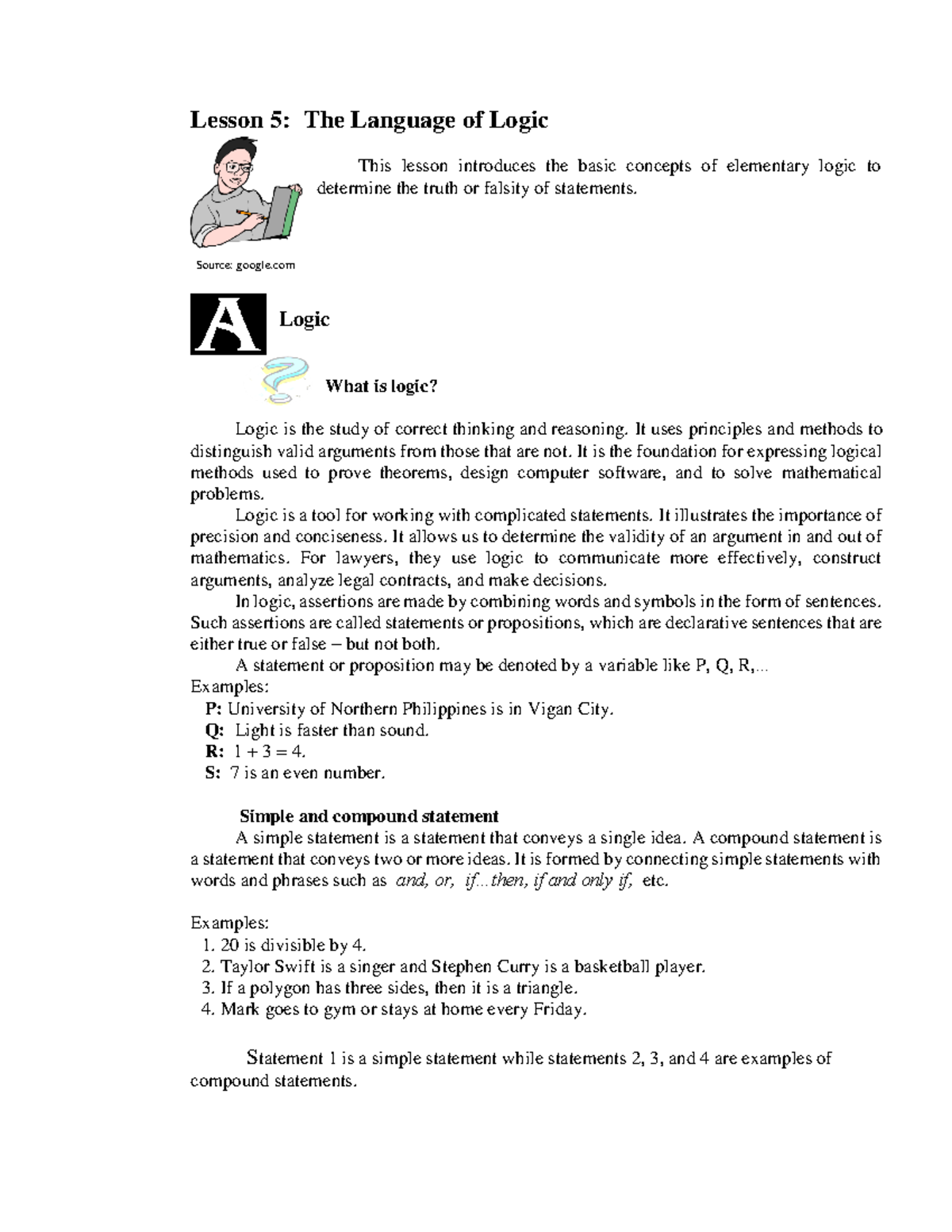 Lesson 5. The Language of Logic - Lesson 5: The Language of Logic This ...