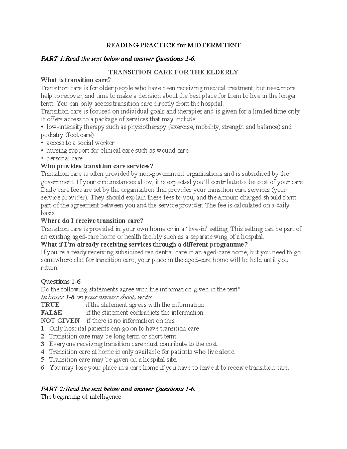 Reading Practice for Midterm TEST READING PRACTICE for MIDTERM TEST