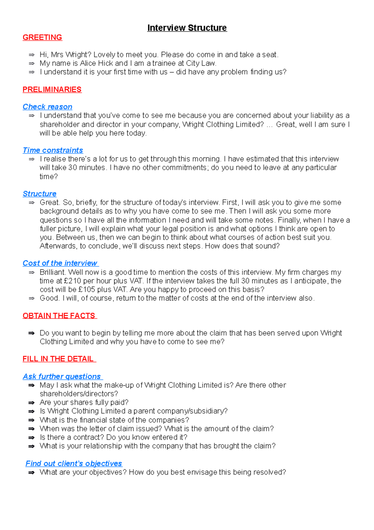 Interviewing Mock Script - A - Interview Structure GREETING Hi, Mrs ...