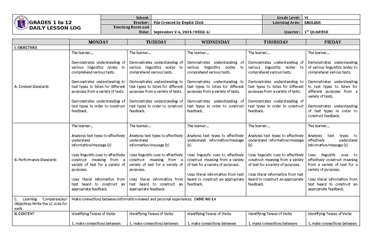 DLL English 6 Q1 W6 - DLL - GRADES 1 to 12 DAILY LESSON LOG School ...