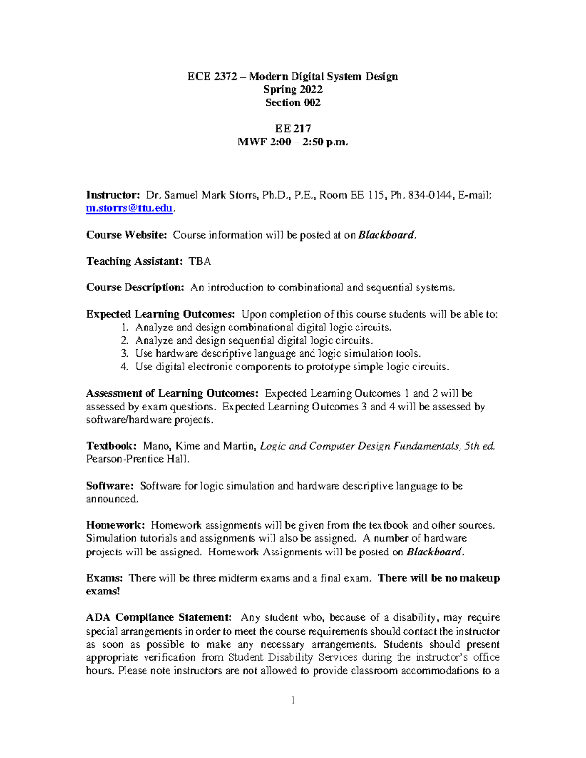 ECE 2372 - Syllabus Spring 2022 - 1 ECE 2372 – Modern Digital System ...