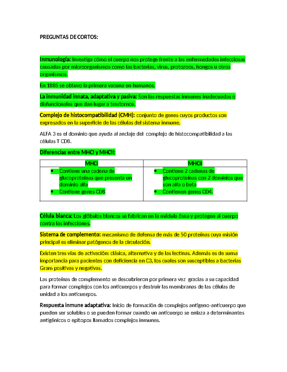 Resumen Inmuno - hbbb - PREGUNTAS DE CORTOS: Inmunología: Investiga ...