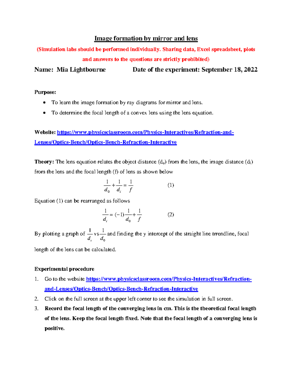 Lab7 The Lens Equation phys165 Spring 2021 revised Image formation by