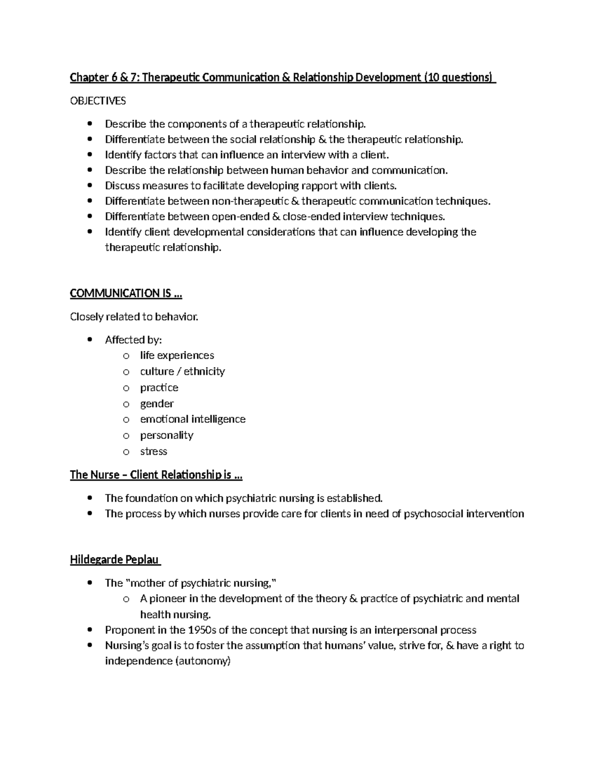 Chapter 6 & 7 therapuetic commuication - Chapter 6 & 7: Therapeutic ...