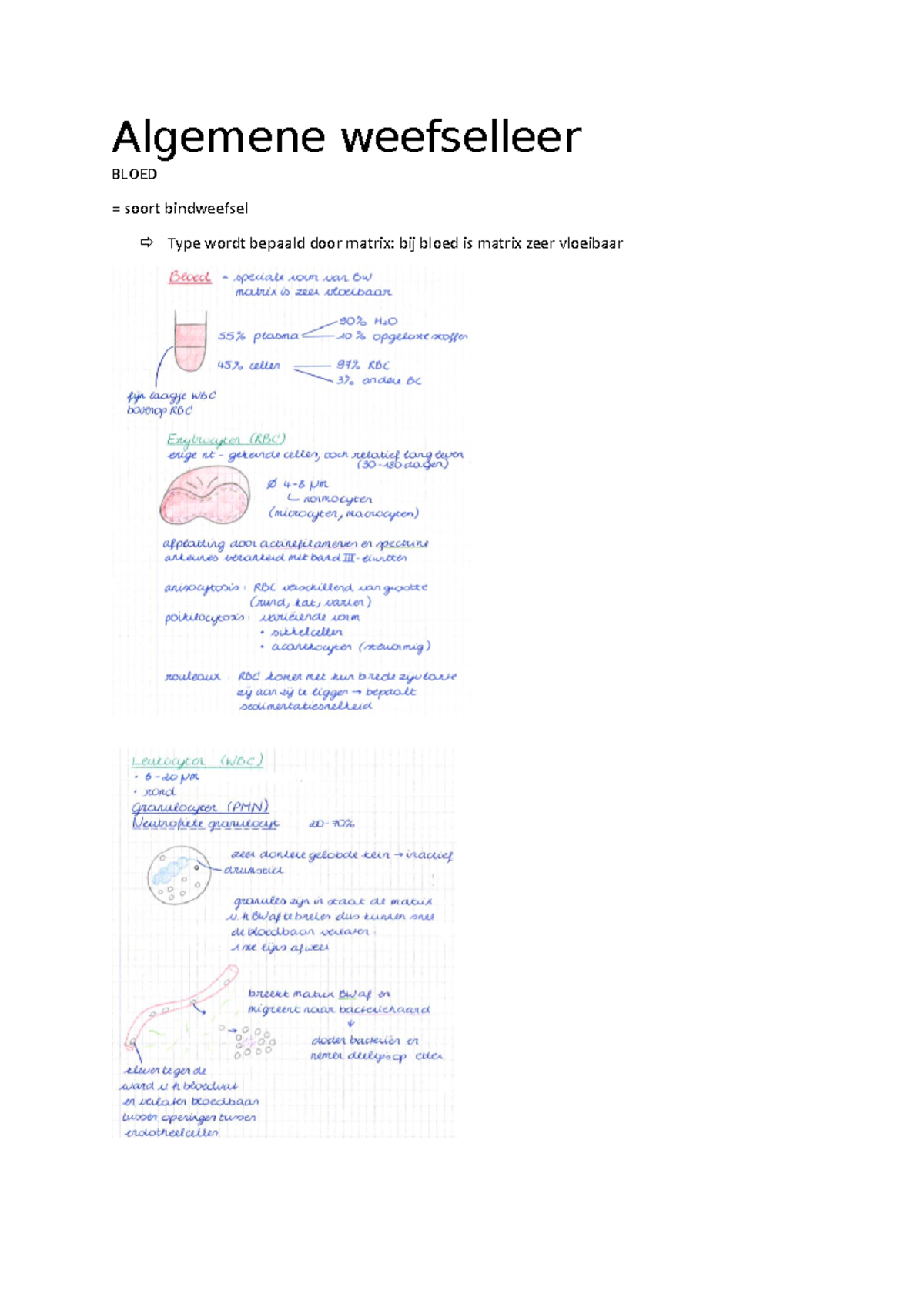 Bloed - Deel Samenvatting - Algemene Weefselleer BLOED = Soort ...