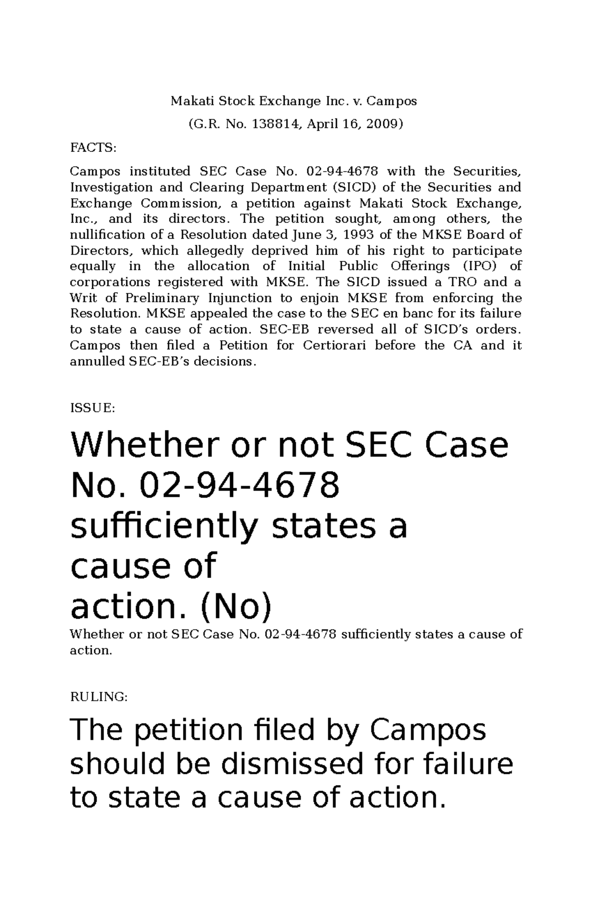 Case Digestions Makati Stock Exchange Inc. v. Campos (G. No. 138814