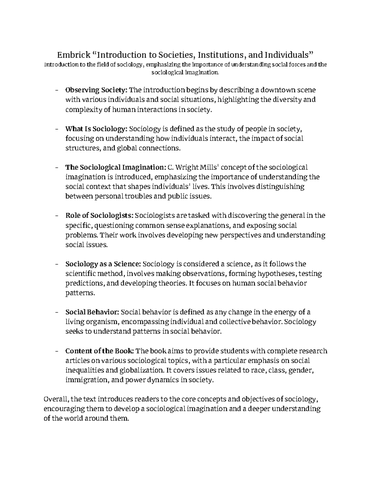 SOCI 1001 - Embrick Assigned Readings - Embrick “Introduction to ...