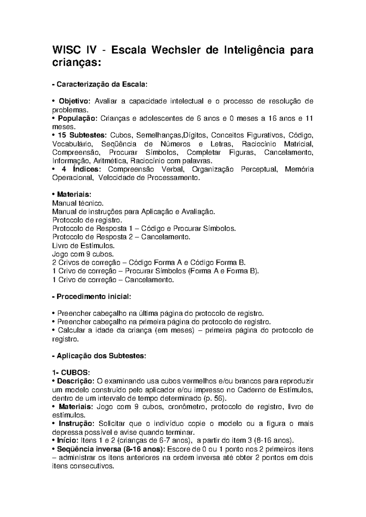 Apostila Aplicação - WISC IV - WISC IV - Escala Wechsler de ...