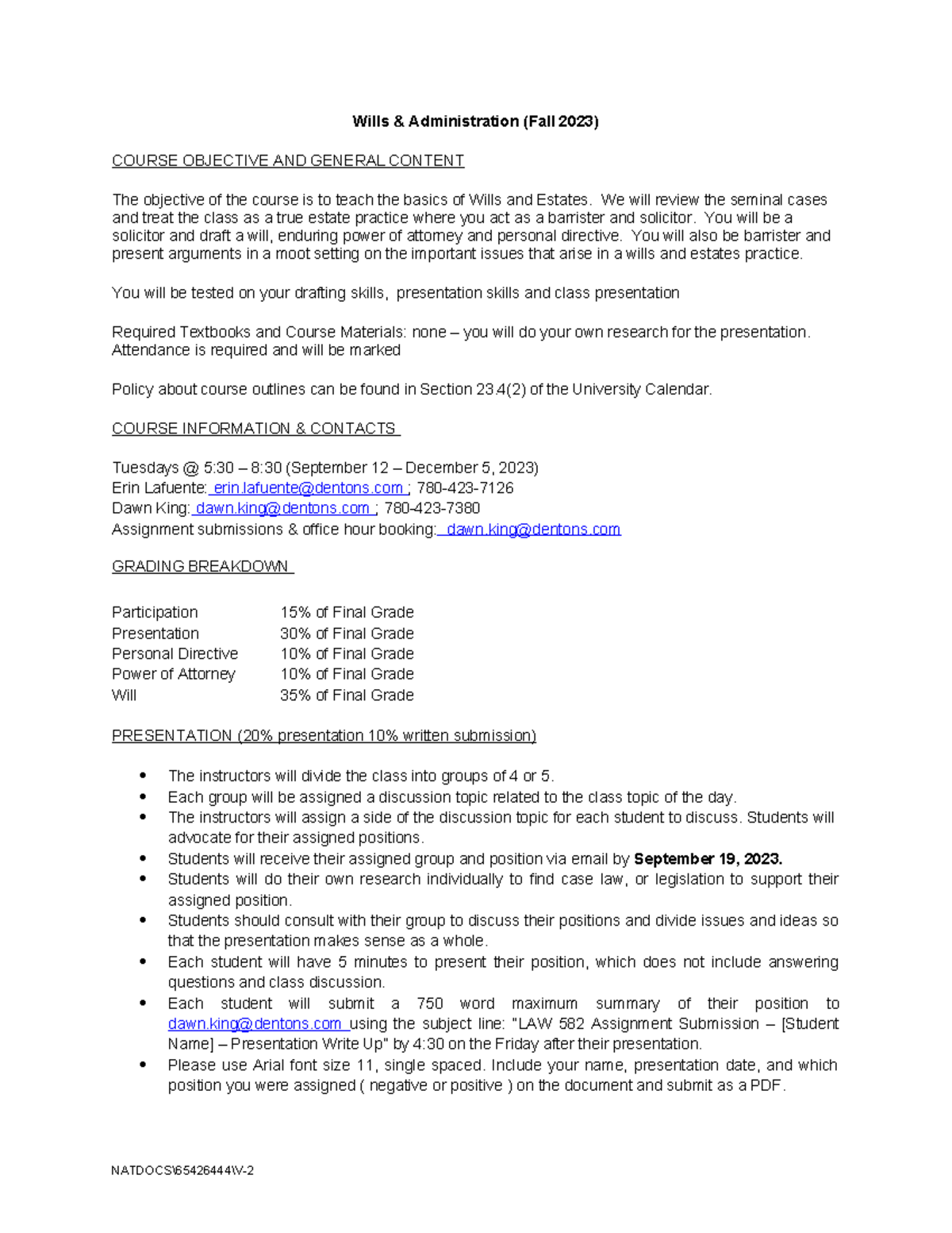 Course Outline - Syllabus - Wills & Administration (Fall 2023) COURSE ...