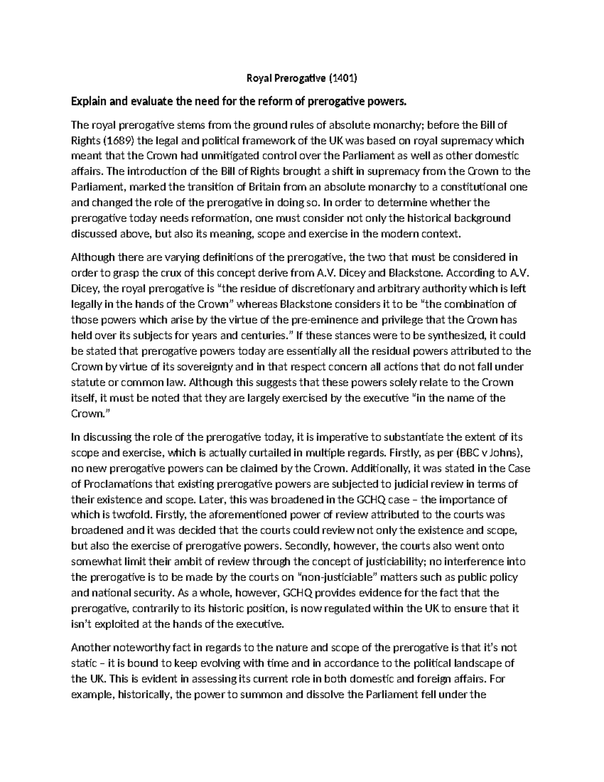 Royal-Prerogative-final - Royal Prerogative (1401) Explain and evaluate ...