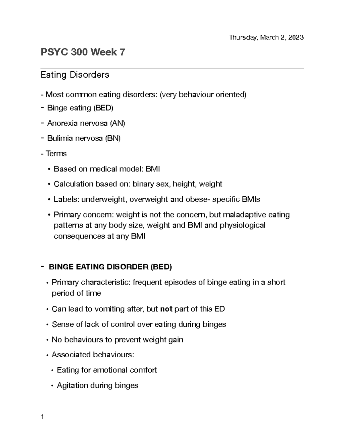 PSYC 300 Week 7 - lecture notes for eating disorders - PSYC 300 Week 7 ...