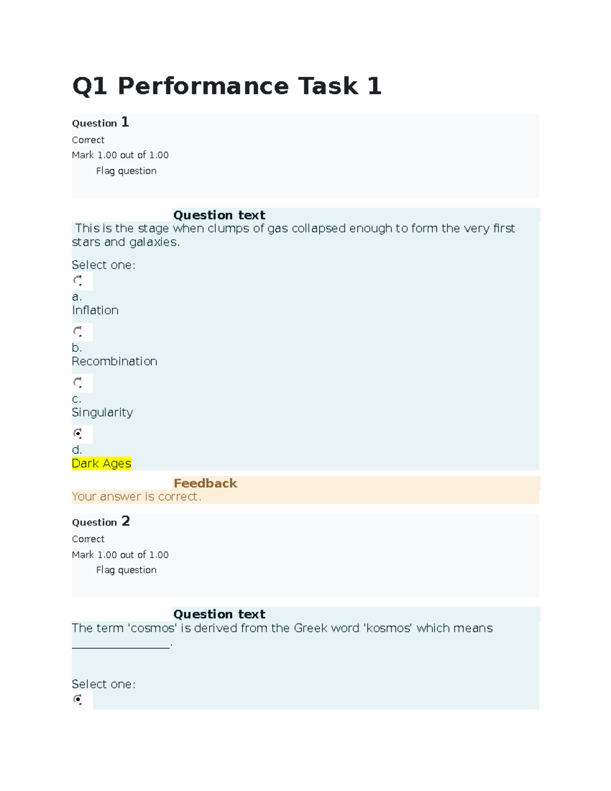 ESCI2111 Earth Science - Q1 Performance Task 1 Question 1 Correct Mark ...