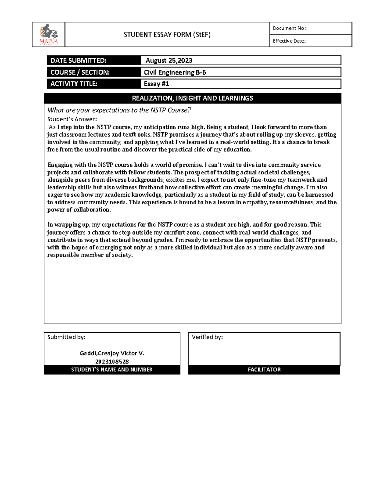 Form NSTP1 00 Essay 1 - STUDENT ESSAY FORM (StEF) Document No ...