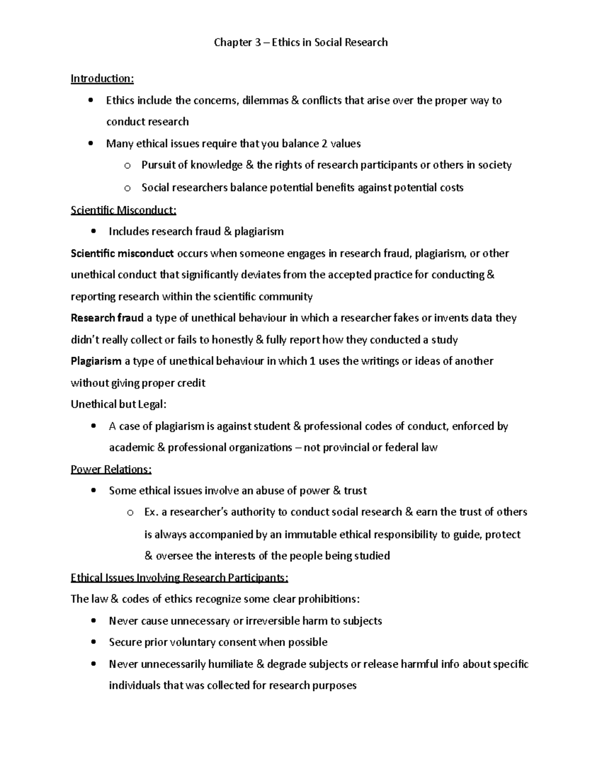 Soc. 2206 - chapter 3 notes - Chapter 3 – Ethics in Social Research ...
