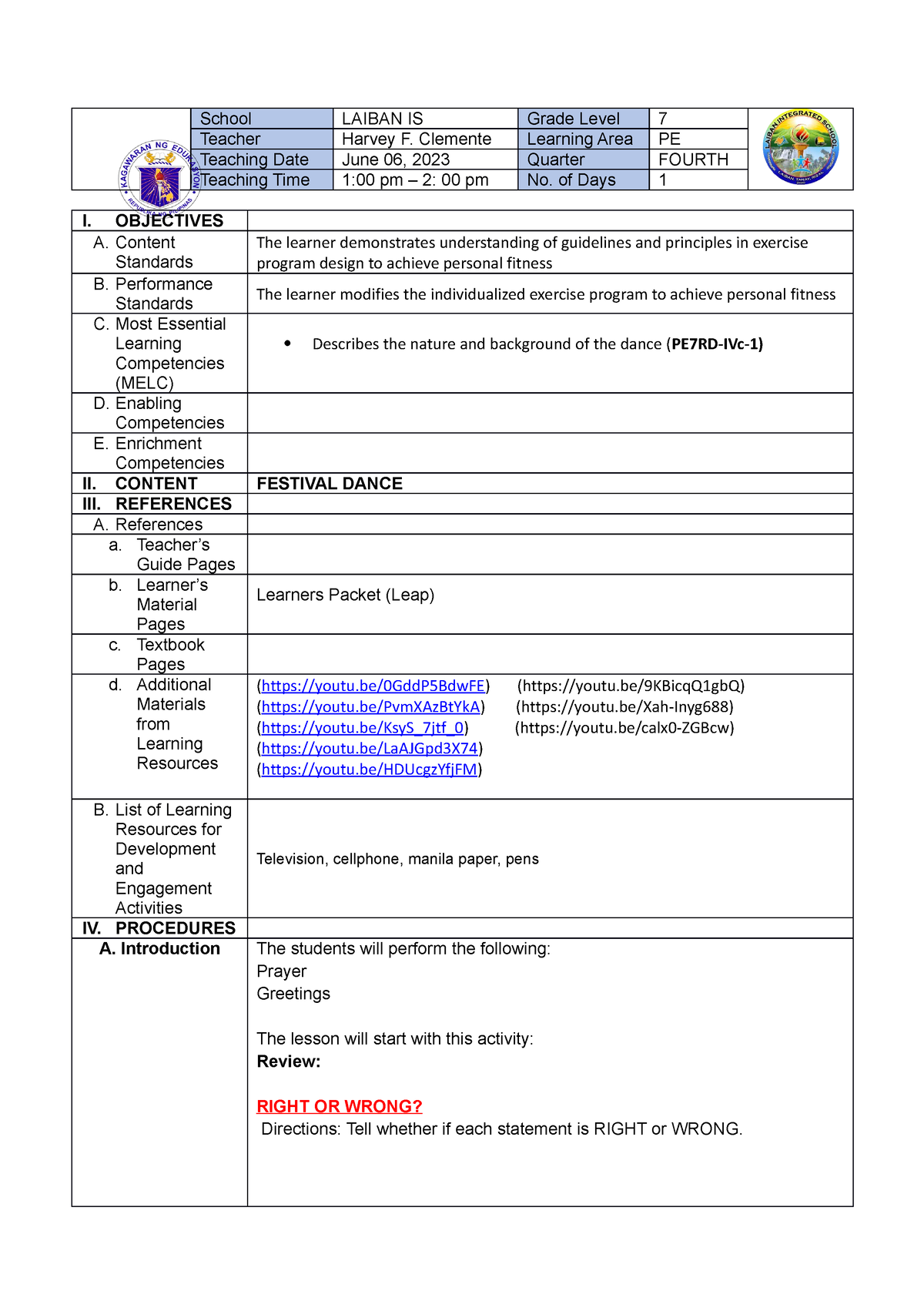 COT 2 PE 7 DEMO SY 22-23 - for demo teaching - School LAIBAN IS Grade ...