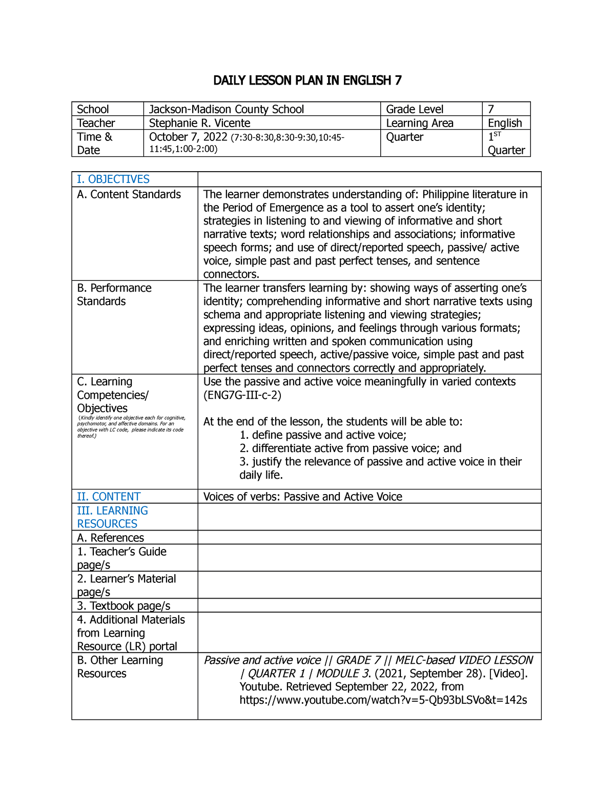 Detailed Lesson Plan Voices Of Verb-G7 - DAILY LESSON PLAN IN ENGLISH 7 ...