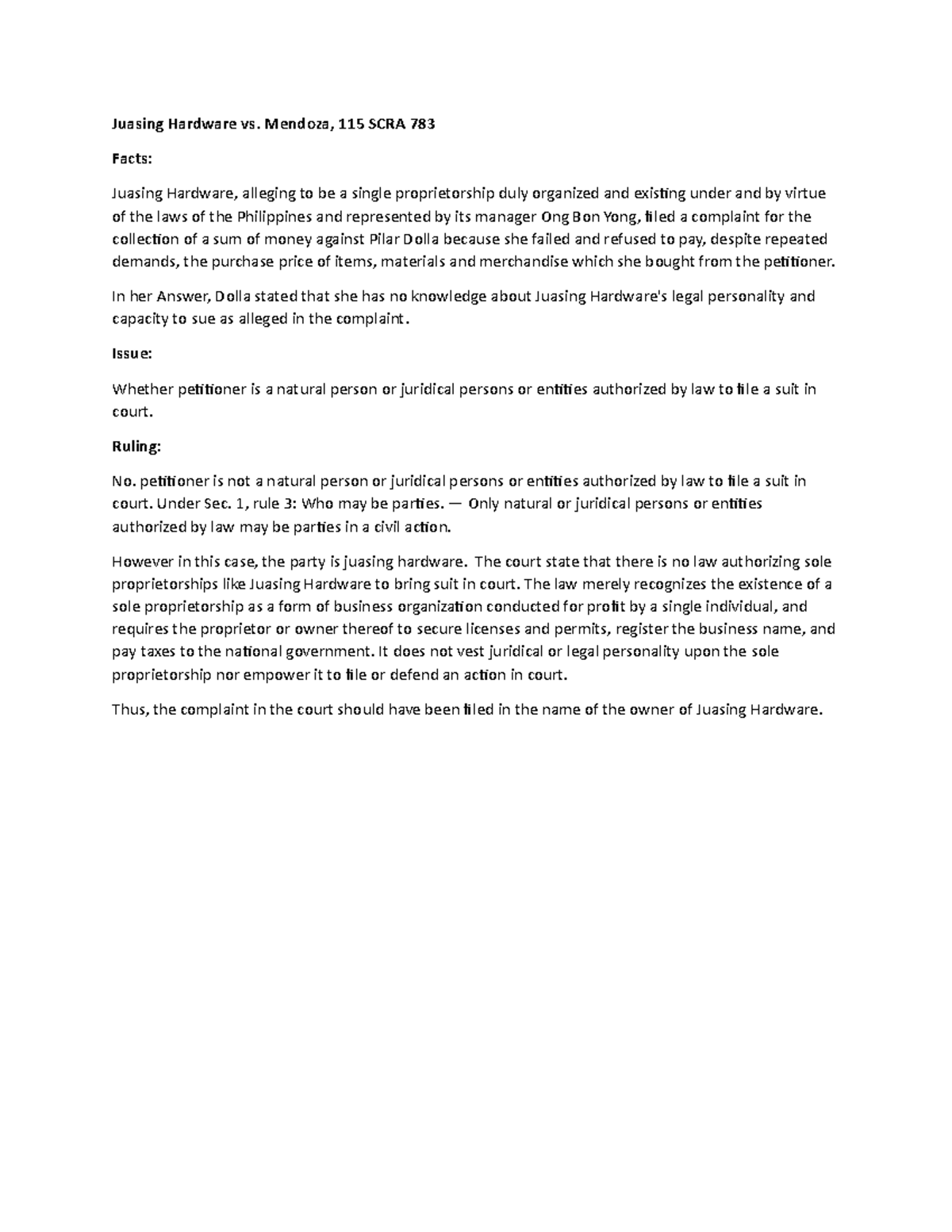 2. Juasing Hardware vs mendoza Juasing Hardware vs. Mendoza, 115 SCRA