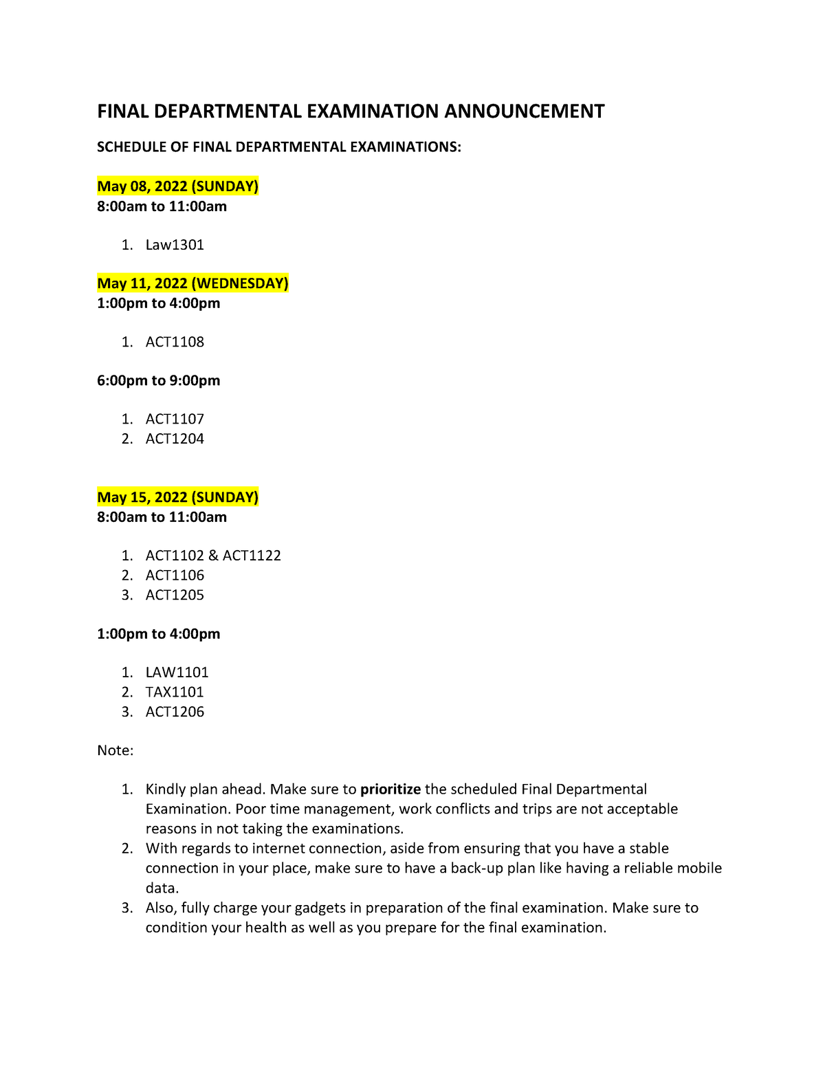 Final Departmental Examination Announcement Student COPY - FINAL ...