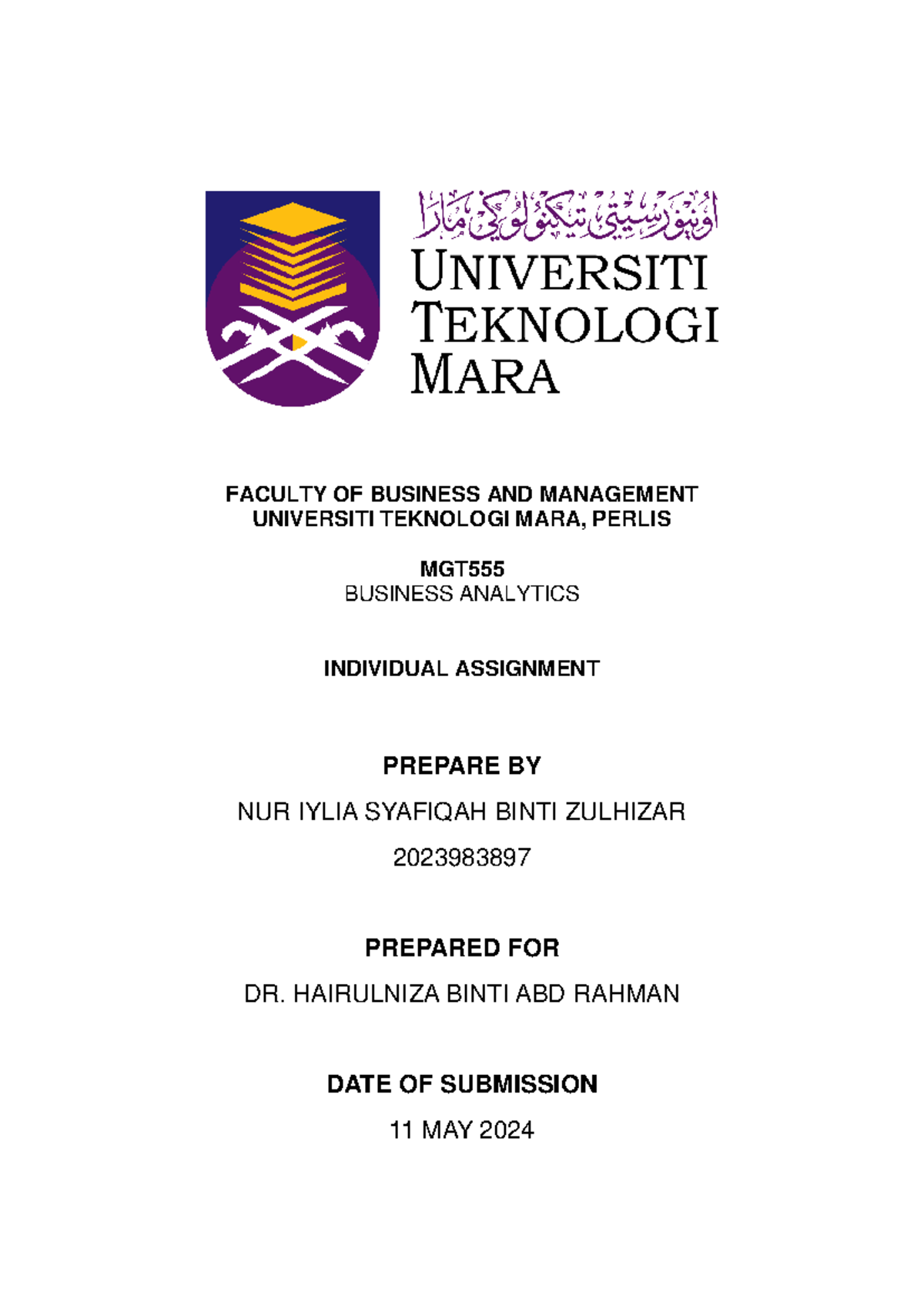 Individual Assignment 1 - FACULTY OF BUSINESS AND MANAGEMENT UNIVERSITI ...