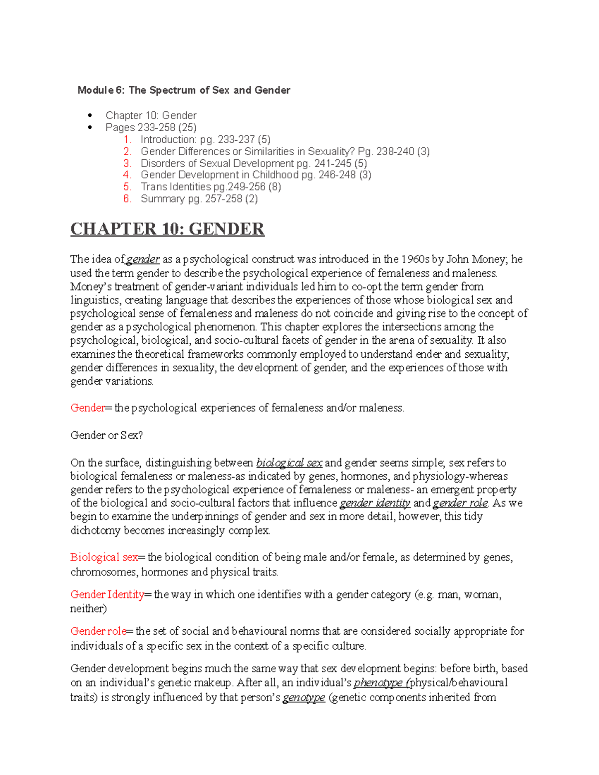 Chapter 10 Notes Module 6 The Spectrum Of Sex And Gender Chapter 10 Gender Pages 233 258 4605