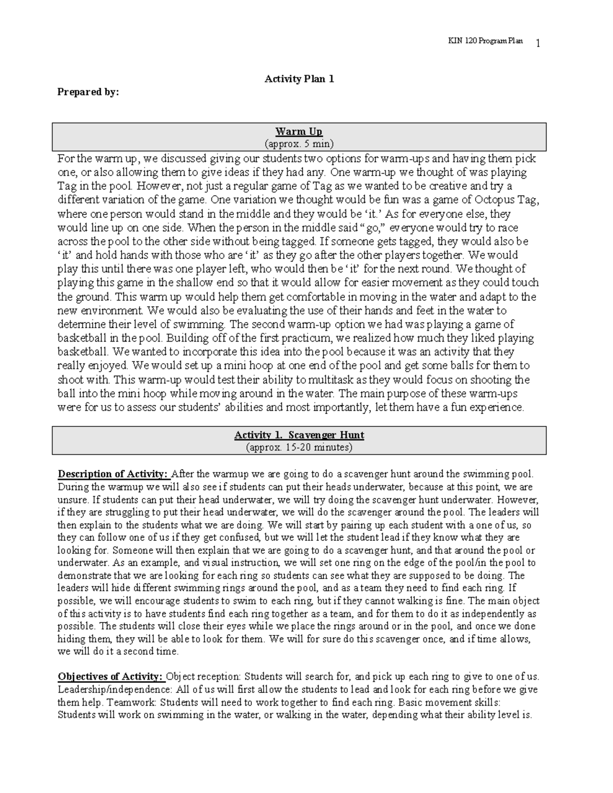 Kin 120 program plan 1 Sample - KIN 120 - UR - Studocu