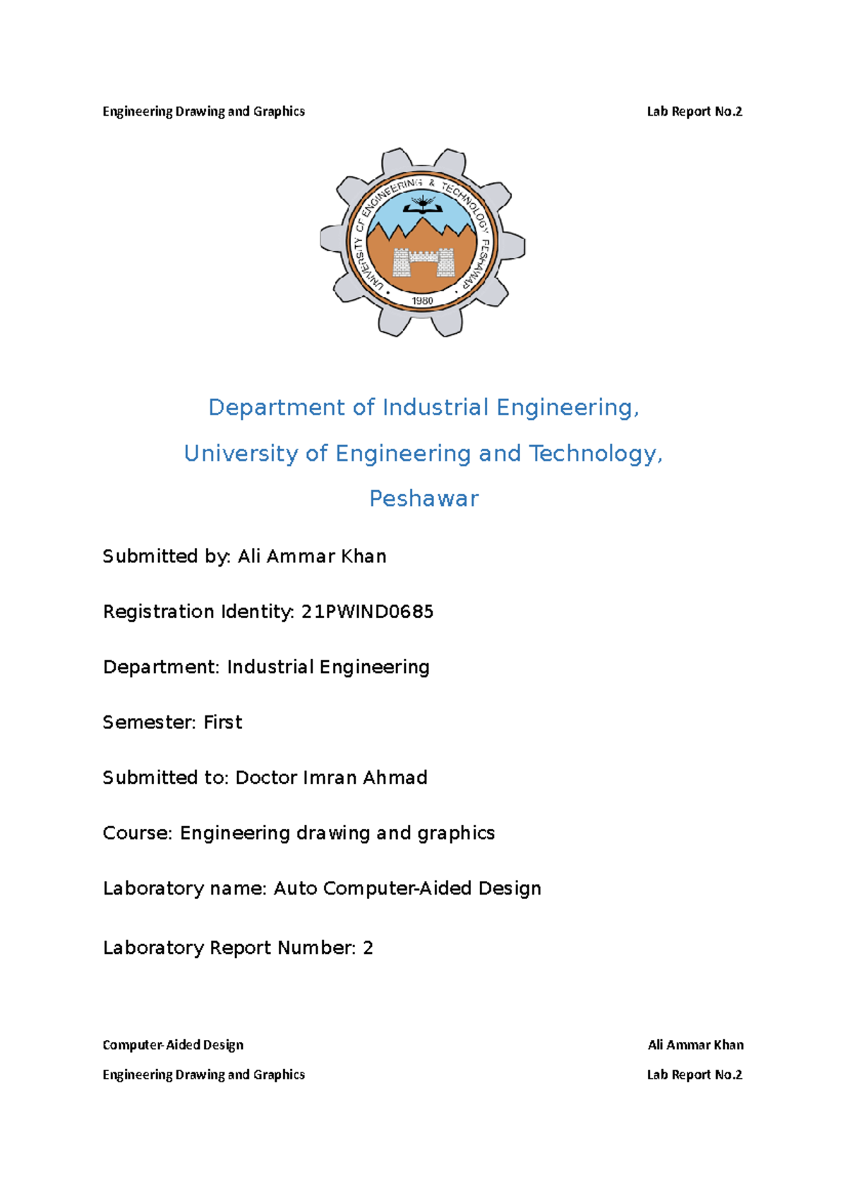 2 Lab Report No2 - ####### Engineering Drawing and Graphics Lab Report ...