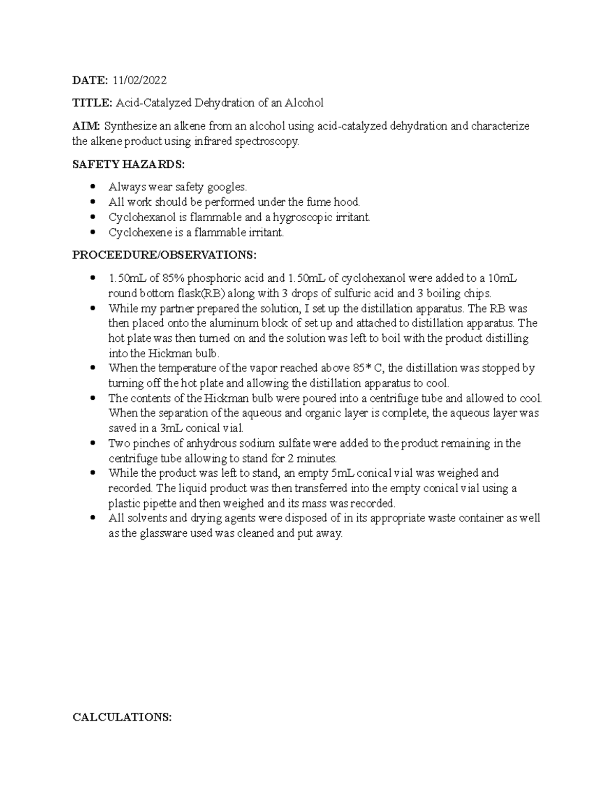 Orgo lab 8 Lab report DATE 11/02/ TITLE AcidCatalyzed