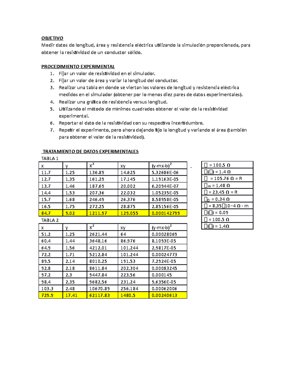 Informe 8 copia - Medir datos de longitud, área y resistencia eléctrica ...
