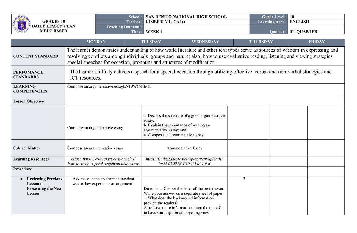 DLL ENG 10 WEEK 1 Final Q3 - GRADES 10 DAILY LESSON PLAN MELC BASED ...