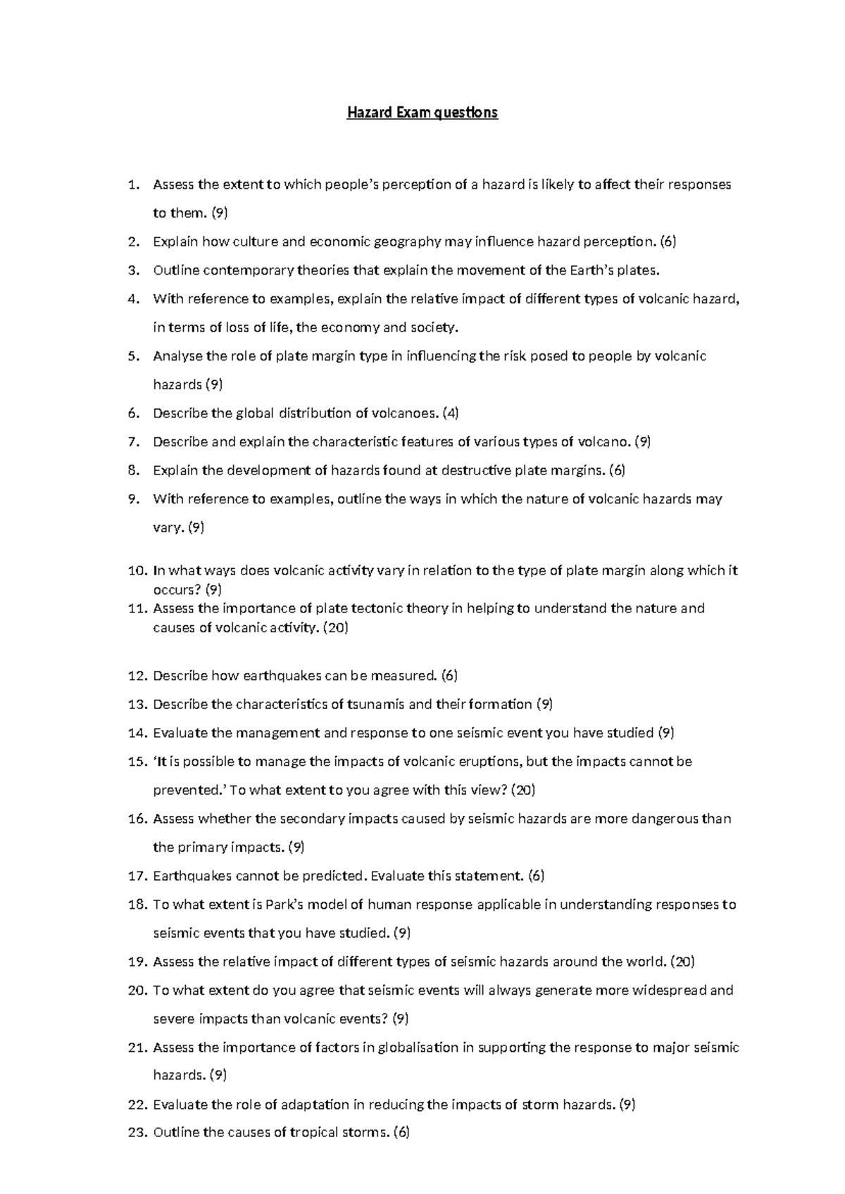 Exam questions hazards - Hazard Exam questions Assess the extent to ...