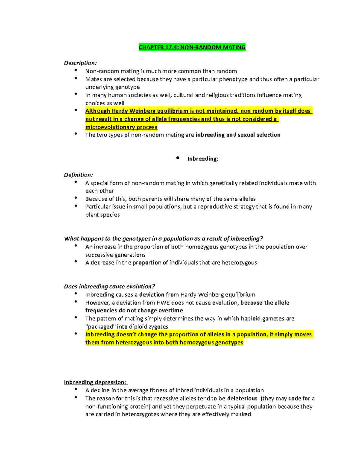 BIO 1001 cycle 7 textbook notes - CHAPTER 17: NON-RANDOM MATING ...