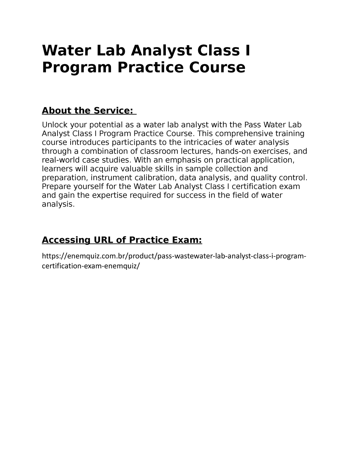 Water Lab Analyst Class I Program Practice Course This comprehensive