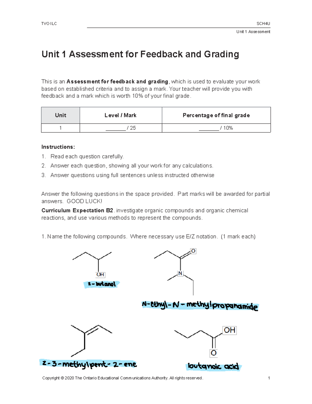 SCH4U Unit 1 Organic Chemistry - ####### Unit 1 Assessment Unit 1 ...