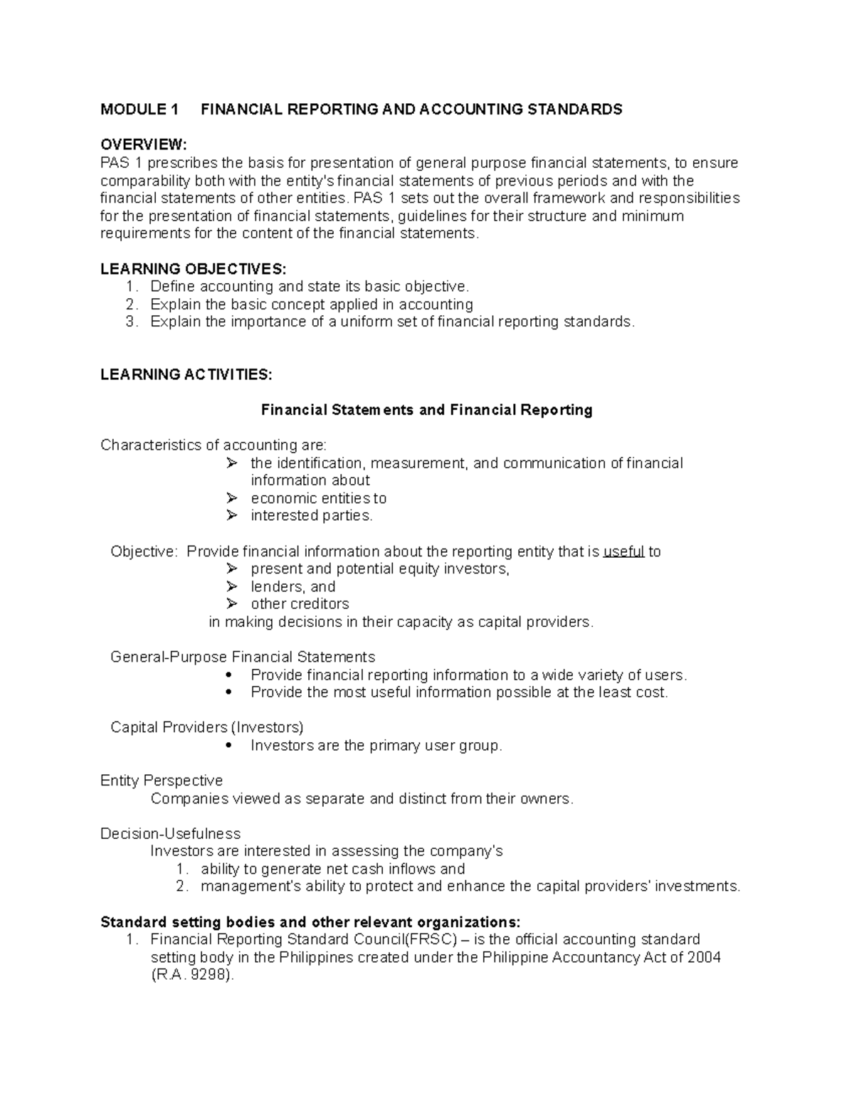 Module 1 Financial Reporting AND Accounting Standards - MODULE 1 ...