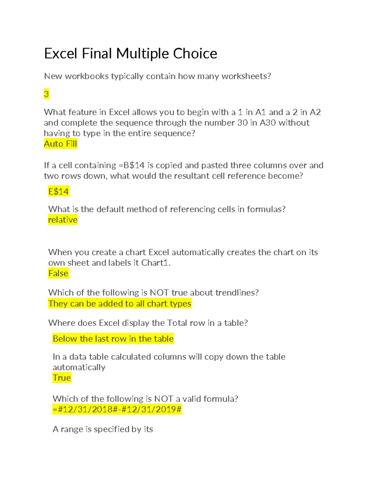 Excel Exam Multiple Choice Excel Final Multiple Choice New Workbooks