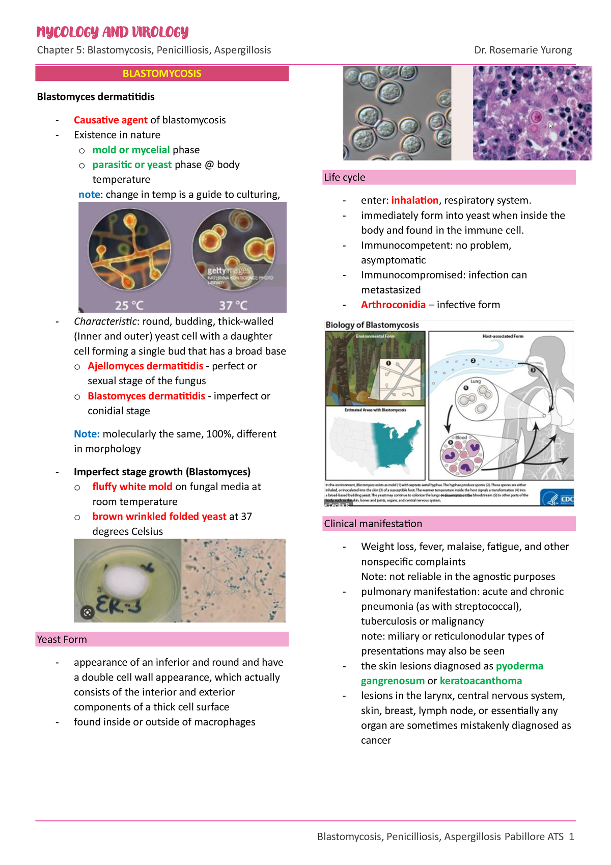 Notes Myco & Viro CH5 Blastomycosis, Penicilliosis, Aspergillosis ...