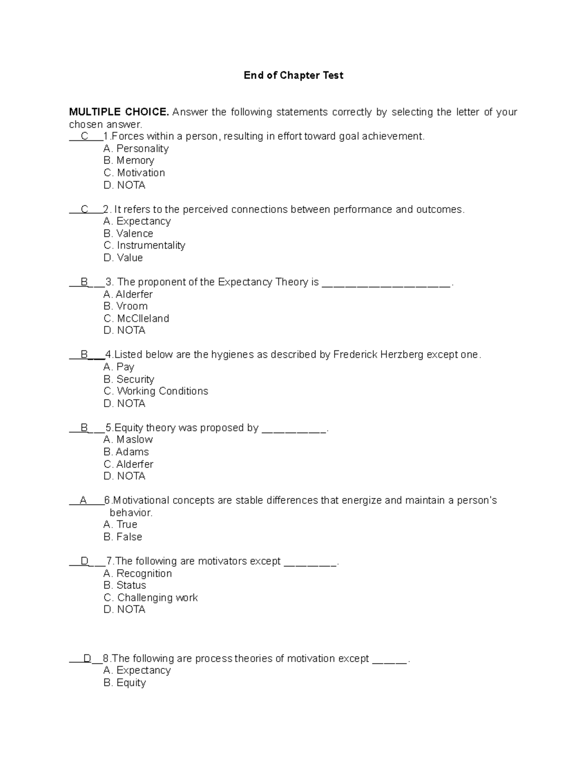 Module 5 End of chapter test in Organizational Behavior End of