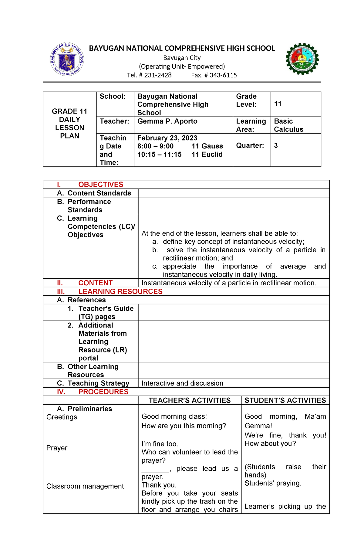 Instantaneous-velocity-Lesson Plan - BAYUGAN NATIONAL COMPREHENSIVE ...