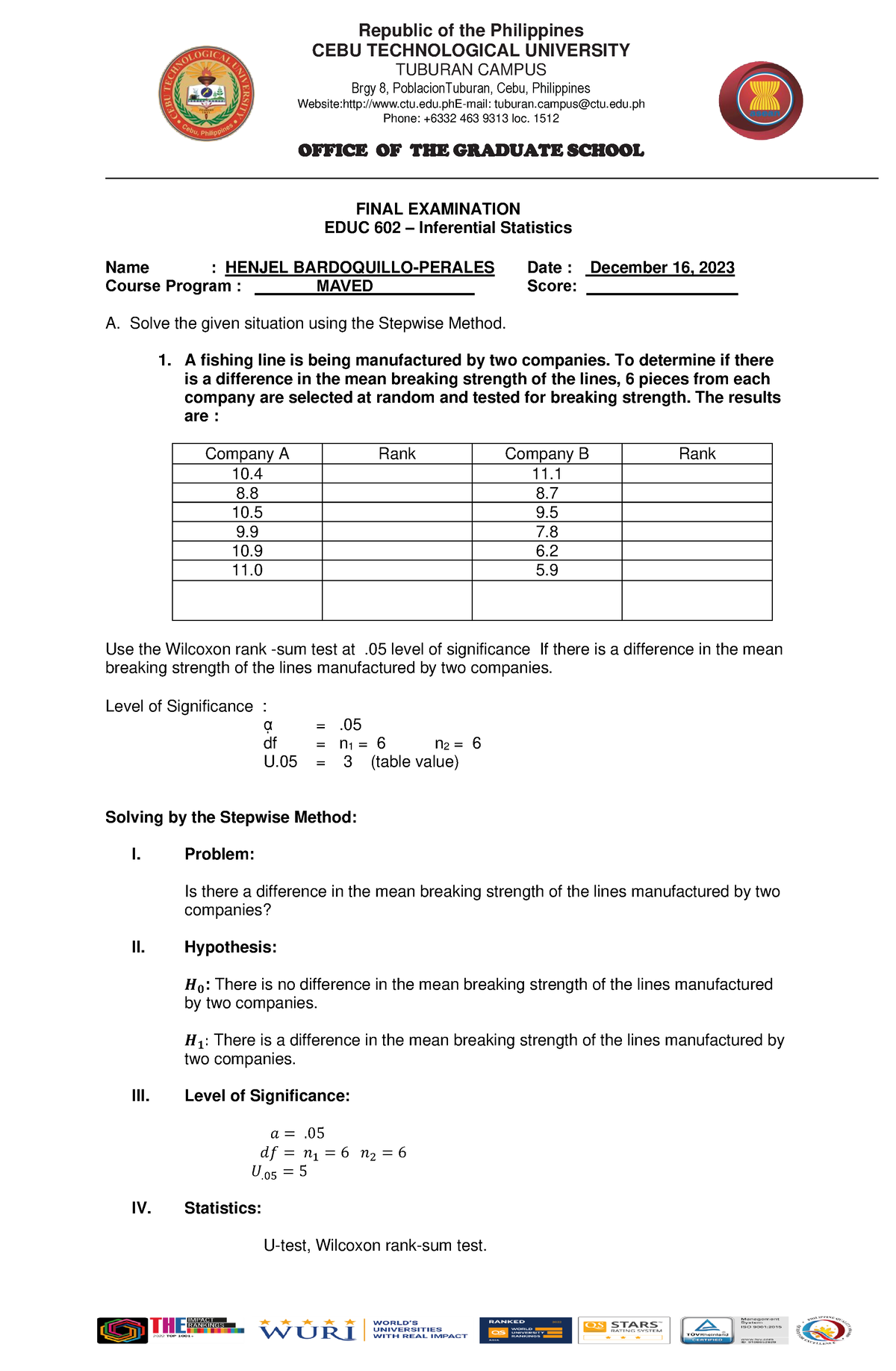 INFERENTIAL STATISTICS FINAL EXAM - CEBU TECHNOLOGICAL UNIVERSITY ...