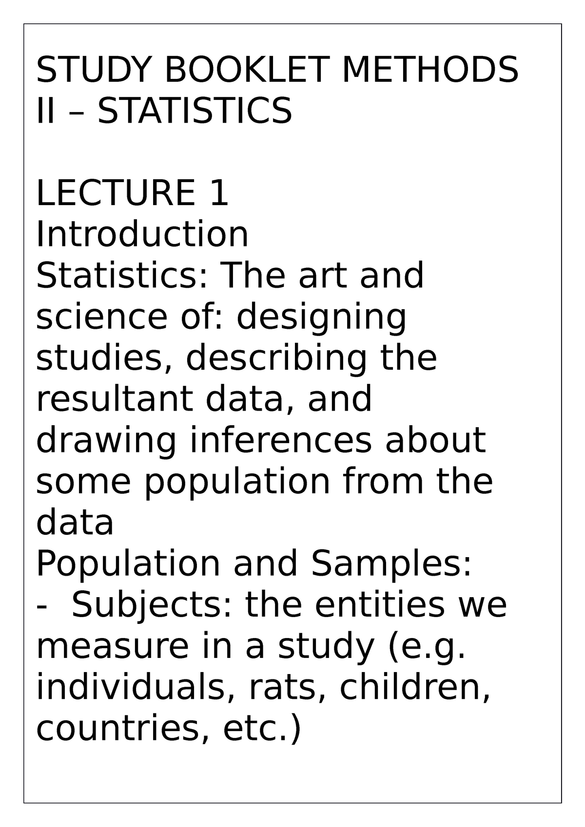 1 Notes - Stats - STUDY BOOKLET METHODS II STATISTICS LECTURE 1 ...