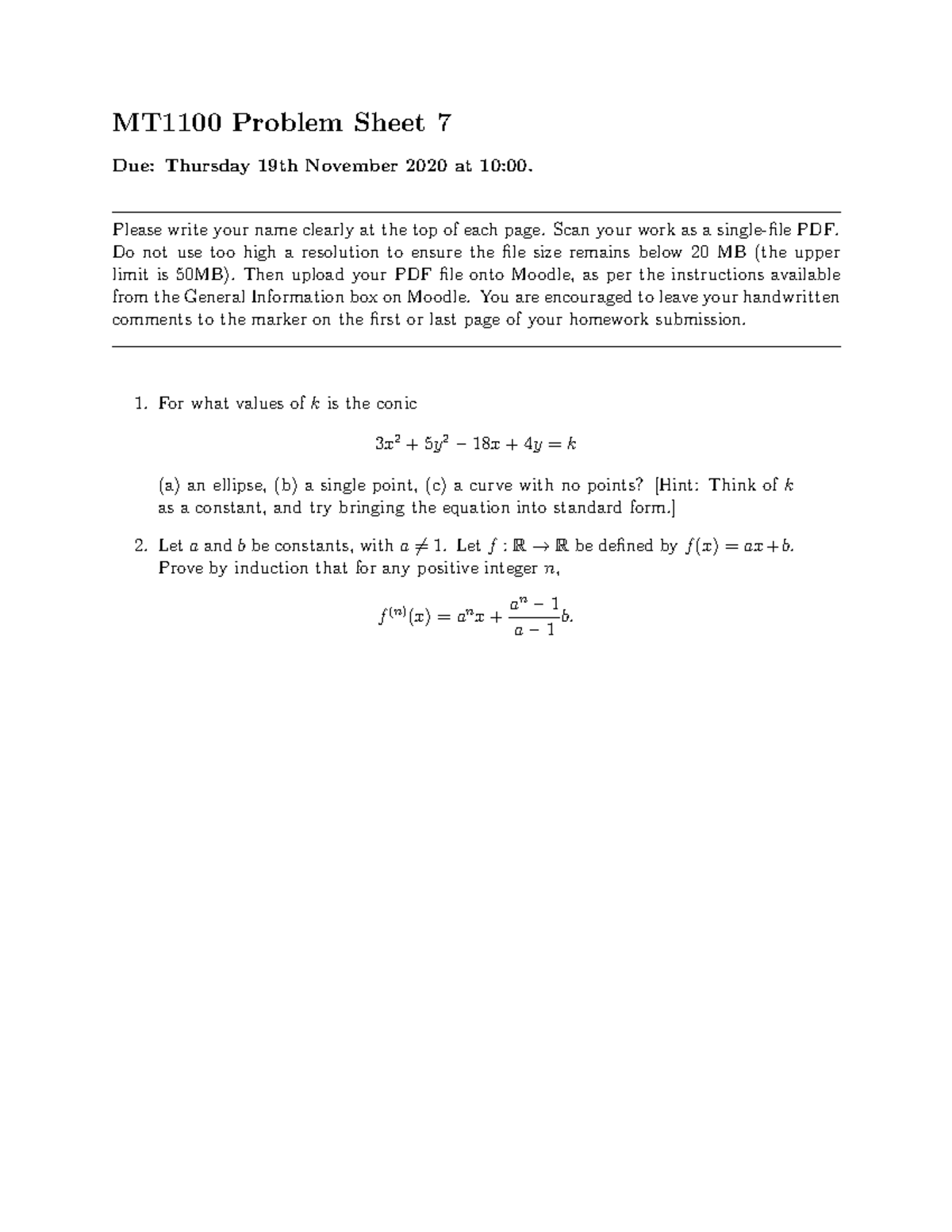 Problem Sheet 7 - Please write your name clearly at the top of each ...