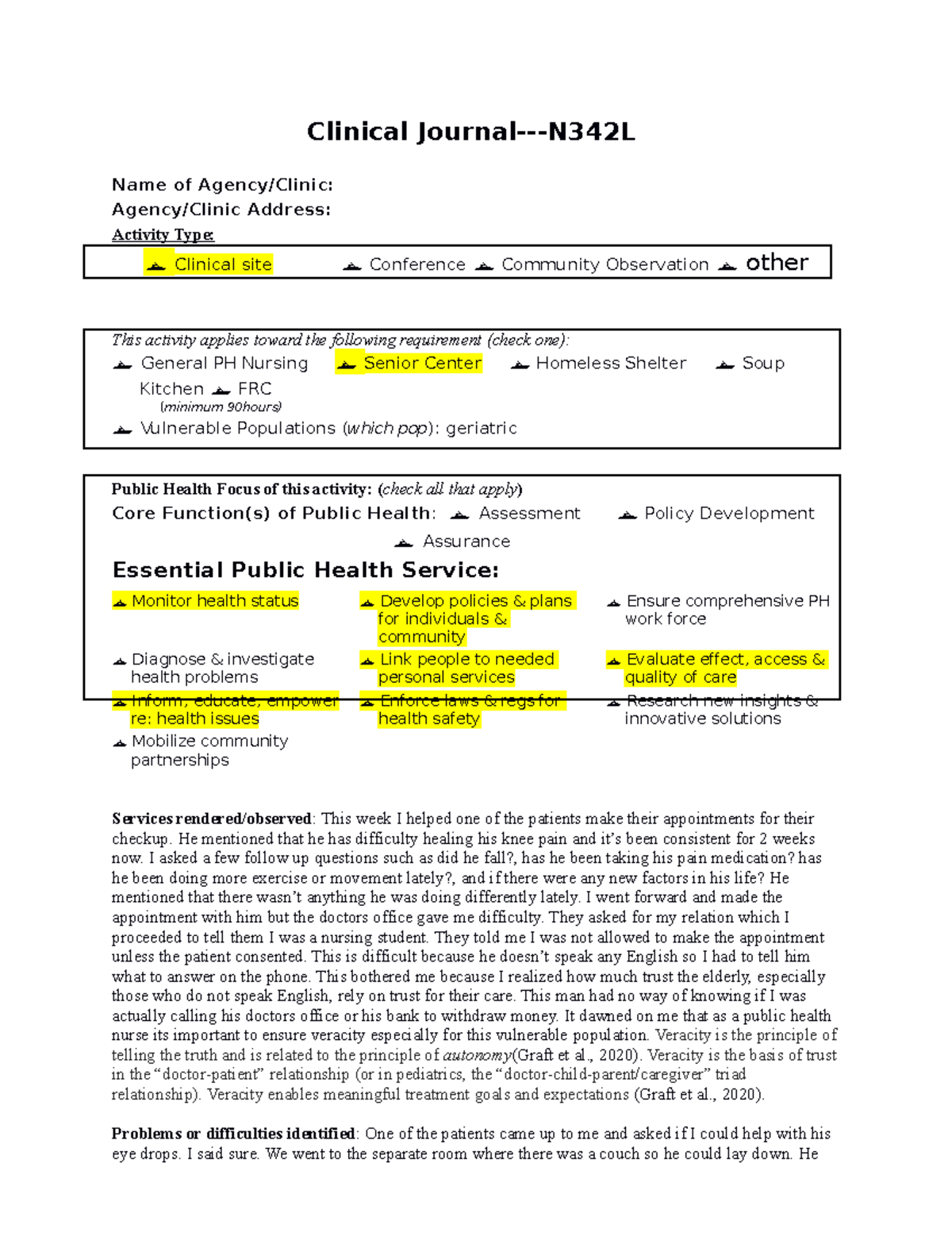 Journals for clinical hours - NURS340 - WCU - Studocu