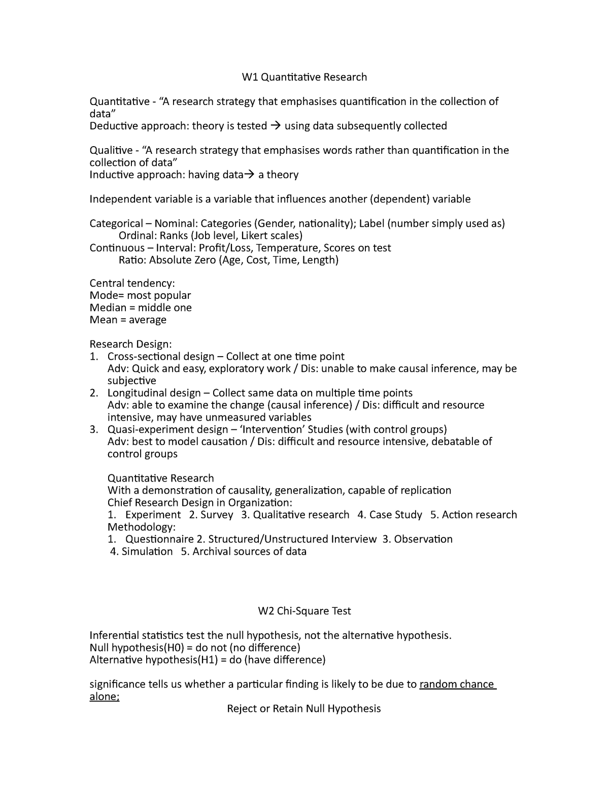 Summary - W1 Quantitative Research Quantitative - “A research strategy ...