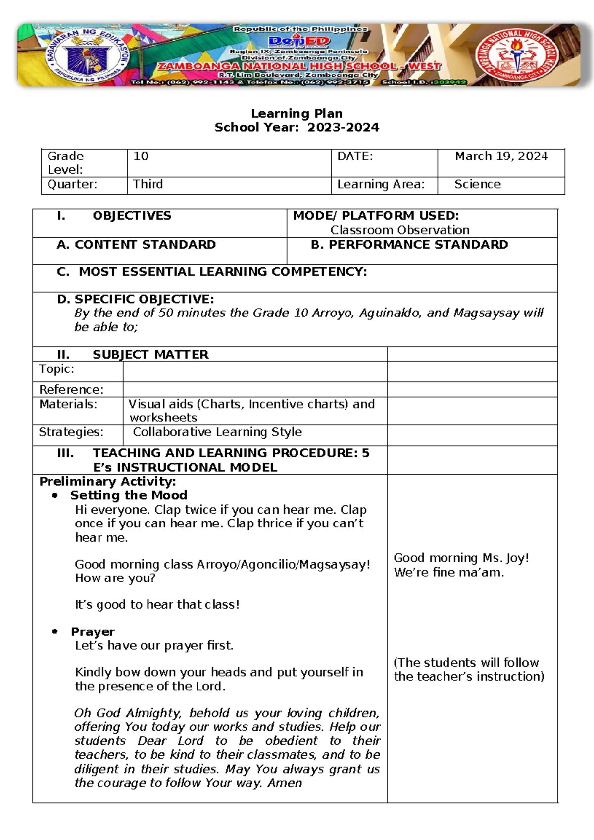 Charles LAW Lessson PLAN - Learning Plan School Year: 2023- Grade Level ...