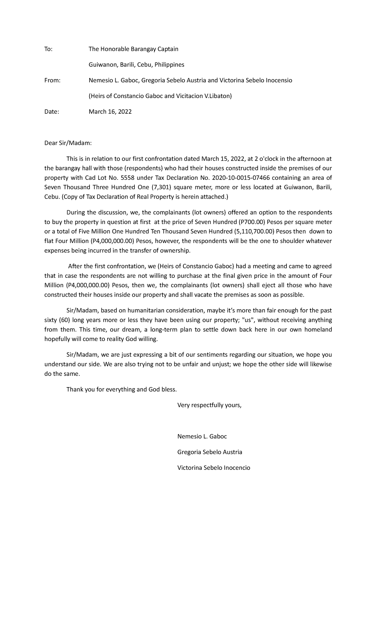 Letter to Baranggay Captain - To: The Honorable Barangay Captain ...