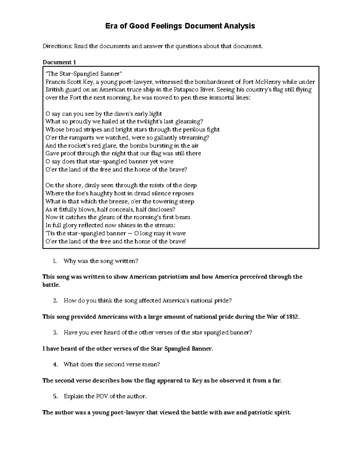 Era of Good Feelings Document Analysis - Directions: Read the documents ...