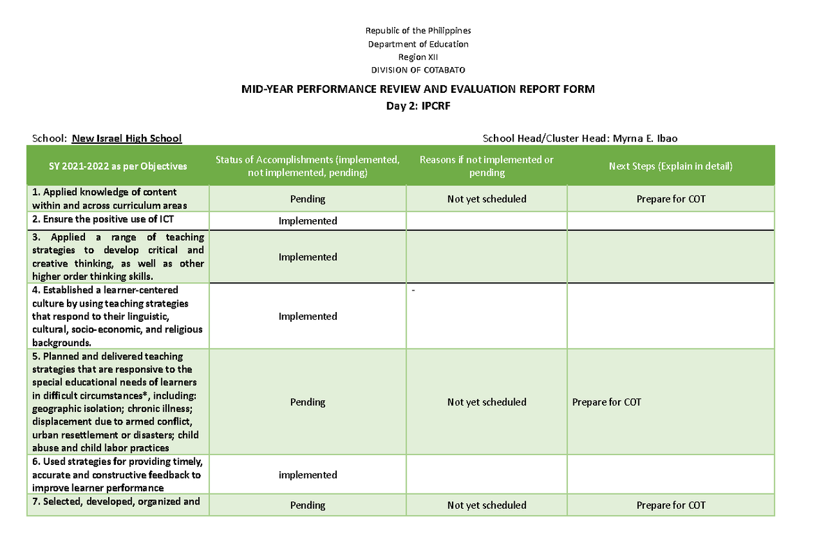 GSP Mid Year Review on Ipcrf Republic of the Philippines Department